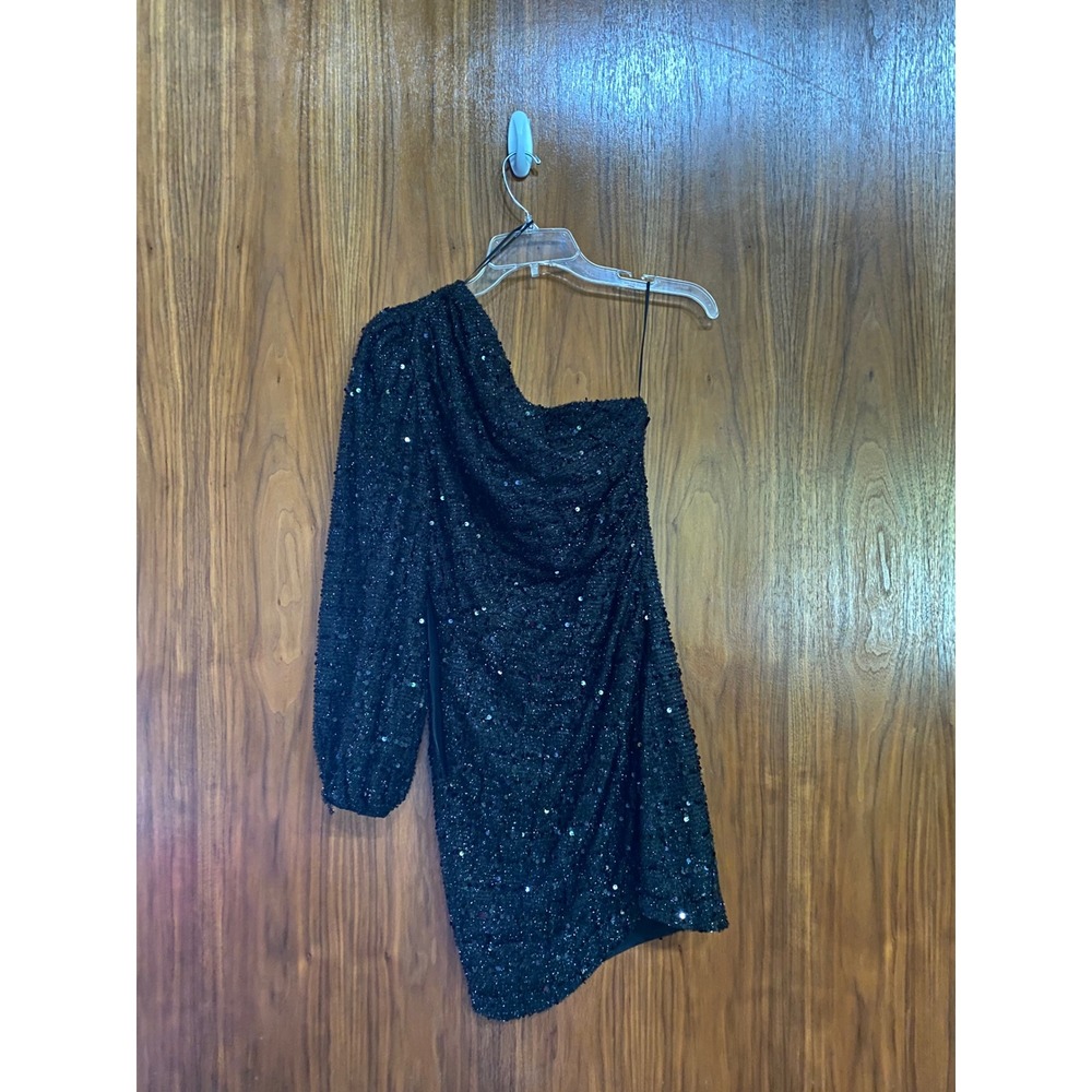 Elliatt Black Sequin One Shoulder Puff Sleeve Mini Dress XS Asymmetrical Sparkly